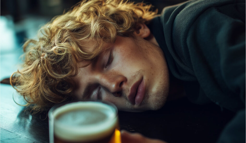 Un homme dans un bar qui a trop bu et qui commence un coma éthylique